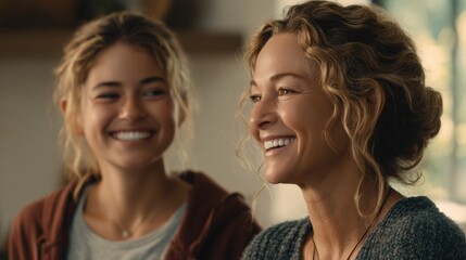 Fototapeta premium A mother and her teenage daughter enjoy cooking together, laughing and creating memories in a bright kitchen filled with warm light.