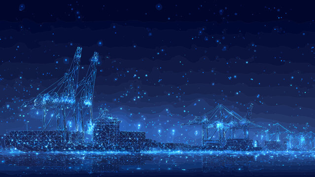 Shipping port cranes operate under a shimmering digital constellation, illustrating automated logistics and global trade technology.