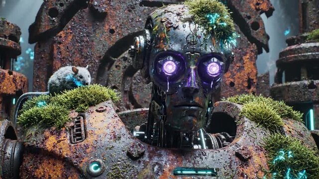 Mossy rusty robot lord on throne in overgrown cave