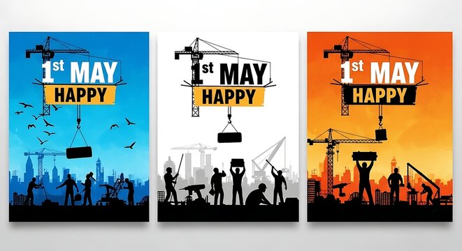 Happy may 1st posters with construction workers and city skylines in various colors