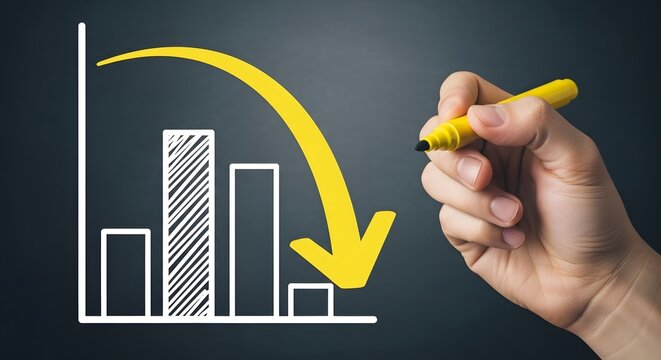 Declining trend hand drawing a downward arrow on a bar graph