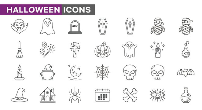 Vector illustration of Colorful Halloween Icons Set Including Ghosts and Skulls and Pumpkins