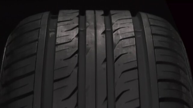 Fast Spinning Car Wheel. The new car tire is highlighted by a spotlight in the dark. The wheel rotates slowly toward the viewer against a black background
