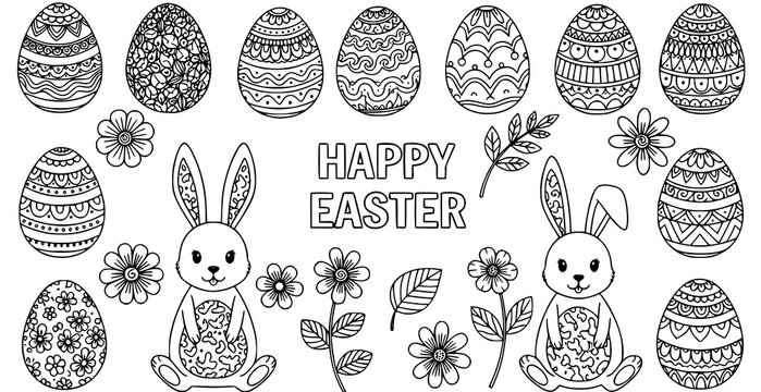 Happy Easter zentangle elements set with eggs bunnies flowers and decorative lettering coloring page vector
