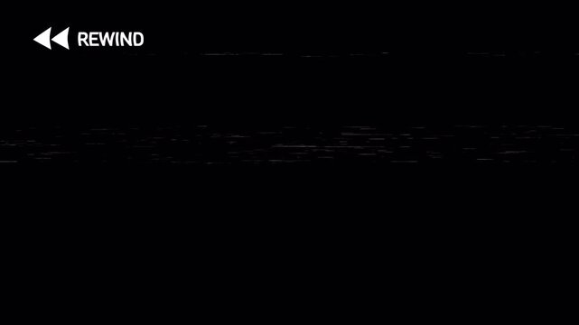 Analog vhs rewind display with glitch distortion and rewind text, ideal for vintage video production, glitch aesthetic designs, overlay footage and retro media themes on alpha channel. 4K video