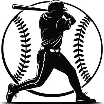 Baseball player silhouette swinging a bat in front of a baseball icon