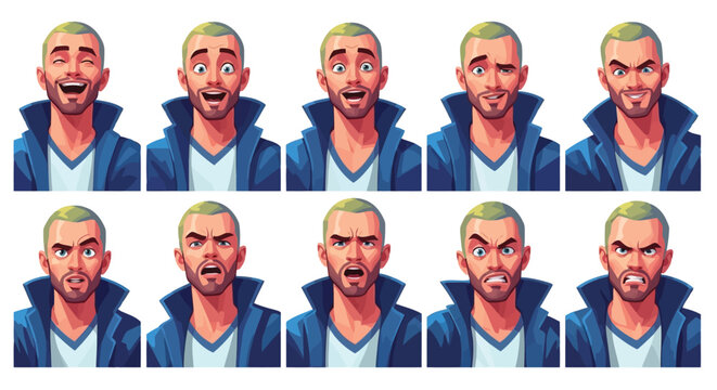 Vector illustration of set of male facial expressions, cartoon character head portraits