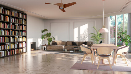 Obraz premium 3D render, illustration Luxury modern living room interior, realistic lighting, wide angle, contemporary furniture, clean lines, minimalist decor, elegant home design, large window
