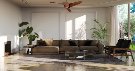 Obraz premium 3D render, illustration Luxury modern living room interior, realistic lighting, wide angle, contemporary furniture, clean lines, minimalist decor, elegant home design, large window