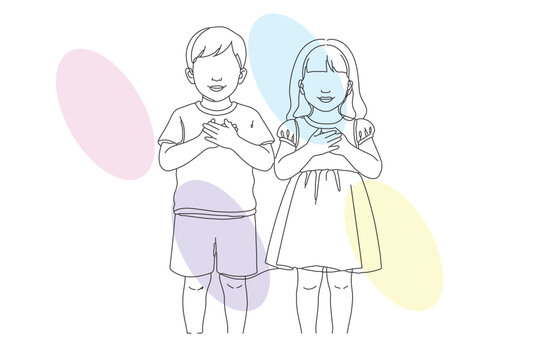 Continuous line drawing of two adorable children with hands on their chests, expressing love and affection, perfect for kid's day illustrations.