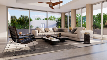 Obraz premium 3D render, illustration Luxury modern living room interior, realistic lighting, wide angle, contemporary furniture, clean lines, minimalist decor, elegant home design, large window