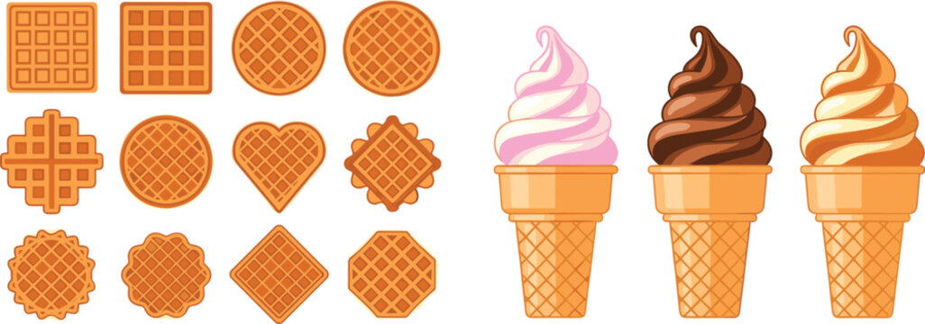 Assorted Soft Serve Ice Cream Cones and Decorative Waffle Cookies Vector Set Featuring Strawberry Chocolate and Vanilla Swirls for Sweet Dessert Menu Designs
