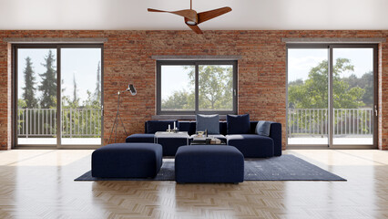 Naklejka premium 3D render, illustration Luxury modern living room interior, realistic lighting, wide angle, contemporary furniture, clean lines, minimalist decor, elegant home design, large window