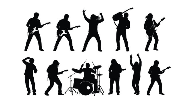 Vector illustration of rock band musicians silhouettes playing instruments on stage
