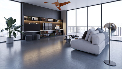 Naklejka premium 3D render, illustration Luxury modern living room interior, realistic lighting, wide angle, contemporary furniture, clean lines, minimalist decor, elegant home design, large window