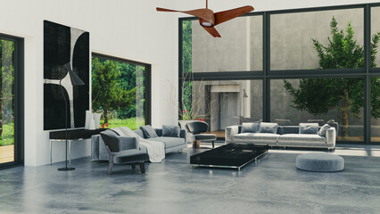 Naklejka premium 3D render, illustration Luxury modern living room interior, realistic lighting, wide angle, contemporary furniture, clean lines, minimalist decor, elegant home design, large window