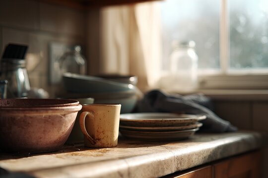 Messy kitchen counter with dirty coffee mugs and stacked bowls in bright morning sunlight with dramatic shadows.