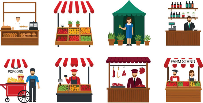 Comprehensive Farmers Market Stall Vector Illustration Set Featuring Bakery, Fresh Produce, Meat Shop, Flower Stand, Popcorn Cart, and Local Grocery Vendors for Retail Designs