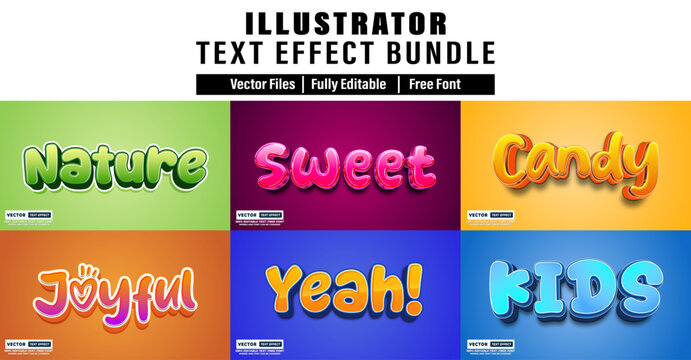 Illustrator editable 3d text effect bundle with nature sweet candy joyful kids and more styles graphic design element web design digital art word art call to action illustrator template typography