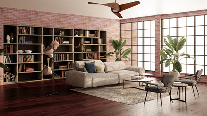 Naklejka premium 3D render, illustration Luxury modern living room interior, realistic lighting, wide angle, contemporary furniture, clean lines, minimalist decor, elegant home design, large window