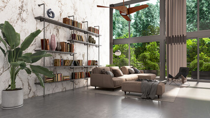 Naklejka premium 3D render, illustration Luxury modern living room interior, realistic lighting, wide angle, contemporary furniture, clean lines, minimalist decor, elegant home design, large window