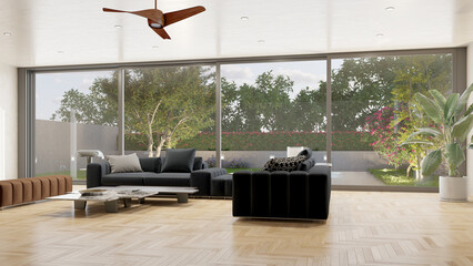 Naklejka premium 3D render, illustration Luxury modern living room interior, realistic lighting, wide angle, contemporary furniture, clean lines, minimalist decor, elegant home design, large window