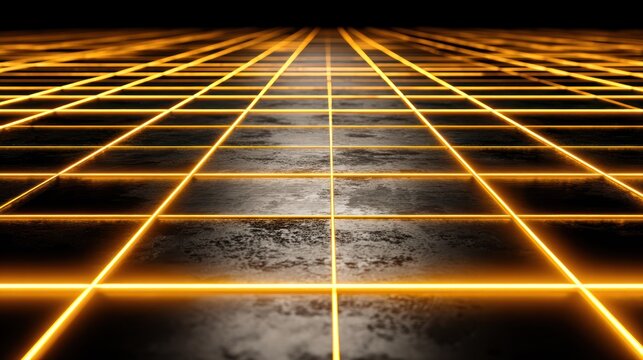 Glowing orange grid lines stretch toward the dark horizon over a textured ground surface
