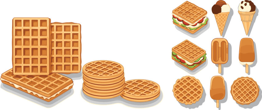 Delicious Belgian Waffle and Ice Cream Dessert Collection Featuring Waffle Sandwiches, Toasted Cones, Popsicles, and Round Biscuits for Sweet Food Menus