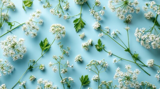 Delicate white flowering umbels and green leaves are artfully arranged across a light blue backdrop.