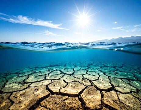 Split-level scenic view shows sun above, translucent blue water, and cracked earth beneath surface. Distant mountains complete the scene