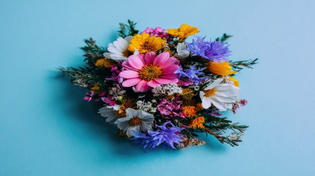 Vibrant assemblage of varied wildflowers rests upon a solid cyan backdrop.