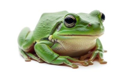 Obraz premium A close-up photo of a green frog sitting on a white background