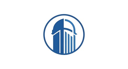 Obraz premium Blue abstract building icon within a circle. Half-arch, columns, and a tower-like structure