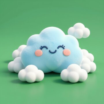 Cute Smiling Cloud Plush Toy with Small White Clouds on Green Background