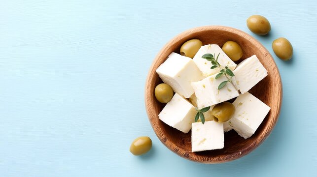 Top-down view of a wooden bowl filled with cubes of herbed feta cheese and green olives on a light blue background with fresh leaves.