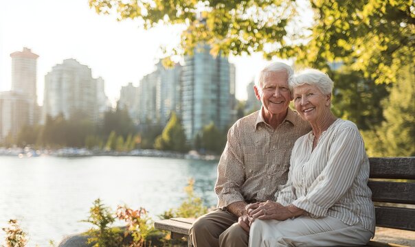 Smiling elderly couple enjoying a sunny day at an urban waterfront park.