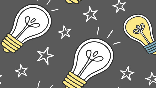 Bright light bulbs with doodles of ideas and innovation on blackboard
