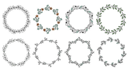 Fototapeta premium Set of eight decorative hand drawn floral wreaths with various leaf styles and delicate flower blossoms for wedding invitation designs.