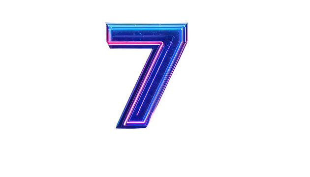 Primo piano di un numero sette stilizzato con effetto neon blu e rosa brillante, moderno e isolato su sfondo bianco.