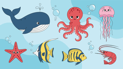 Obraz premium Collection of various marine life creatures including a large blue whale, a red octopus, a jellyfish, and several types of fish.