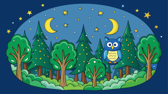 Colorful illustration of a forest with a full moon and fgd logo