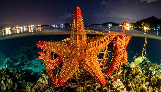 Split-level underwater shot showing a group of red starfish in a coral environment, with a blurred cityscape above the waterline