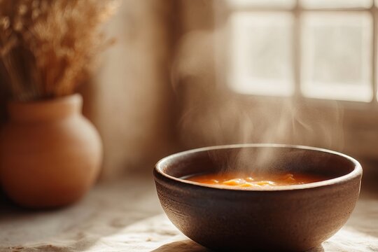 Cozy hot soup with visible steam and rustic clay bowl in warm morning light.