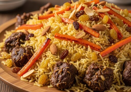 Kabuli pulao with tender meat, carrots, raisins, and almonds on a wooden plate