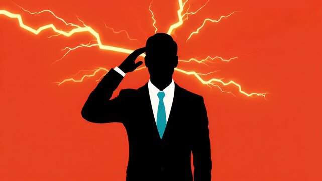 A silhouette of a businessman in a suit with a blue tie experiencing a single powerful lightning bolt striking his head, representing a sudden idea.