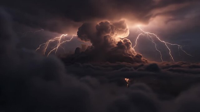 Intense bolts of lightning illuminate a dramatic, dark, and turbulent sky filled with heavy storm clouds, signaling a powerful thunderstorm.