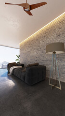 Naklejka premium 3D render, illustration Luxury modern living room interior, realistic lighting, wide angle, contemporary furniture, clean lines, minimalist decor, elegant home design, large window