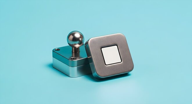 Precisely engineered studio shot of a modern brushed metal square component featuring a blank white display or button, elegantly positioned beside a sleek silver cubic base supporting a polished spher