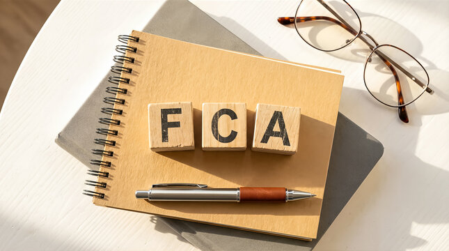 Fca letters on wooden blocks on a notebook with a pen and glasses