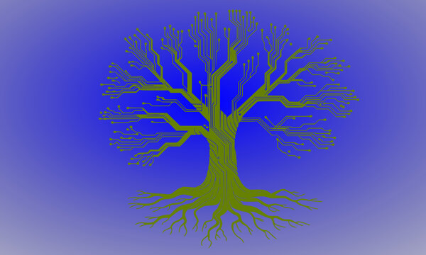  Digital Circuit Tree with Glowing Green Branches and Roots on Blue Background, Symbolizing Technology, Artificial Intelligence, and Nature Fusion